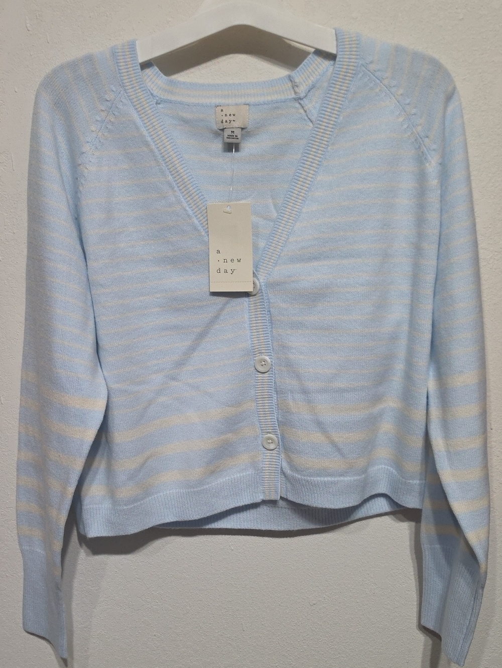 a new day Pastel Blue & White Striped V-Neck Cardigan